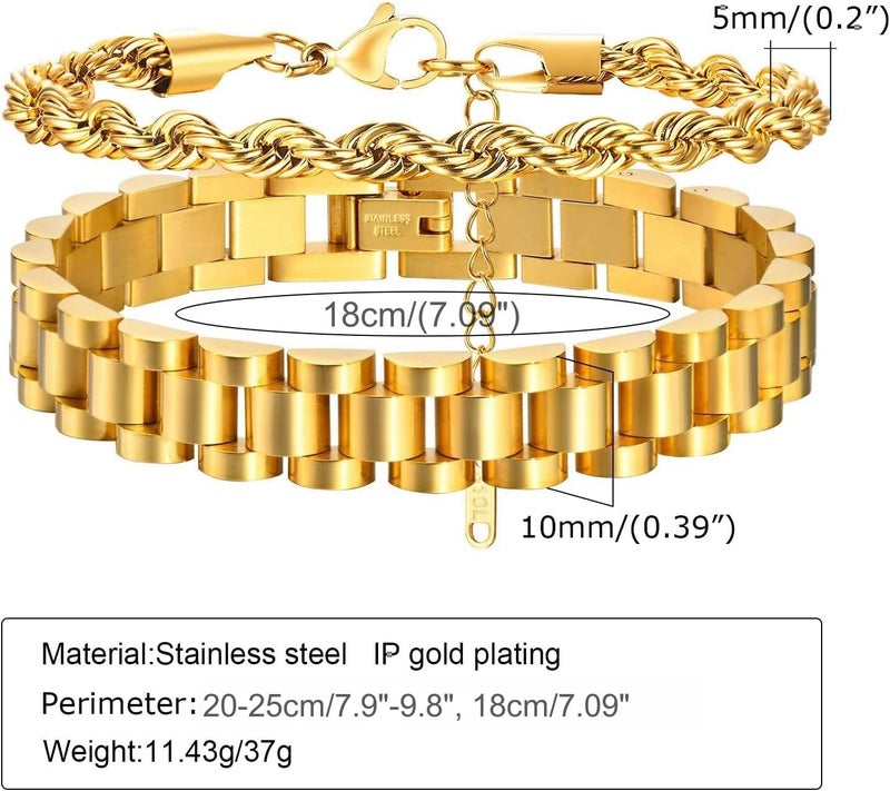 MPRAINBOW 2pcs 18K Gold Plated Chain Link Bracelet, Stainless Steel Crystal Friendship Bracelets Bangle,Watch Band Chains Wristband Jewelry with Adjust Tool - Image 5